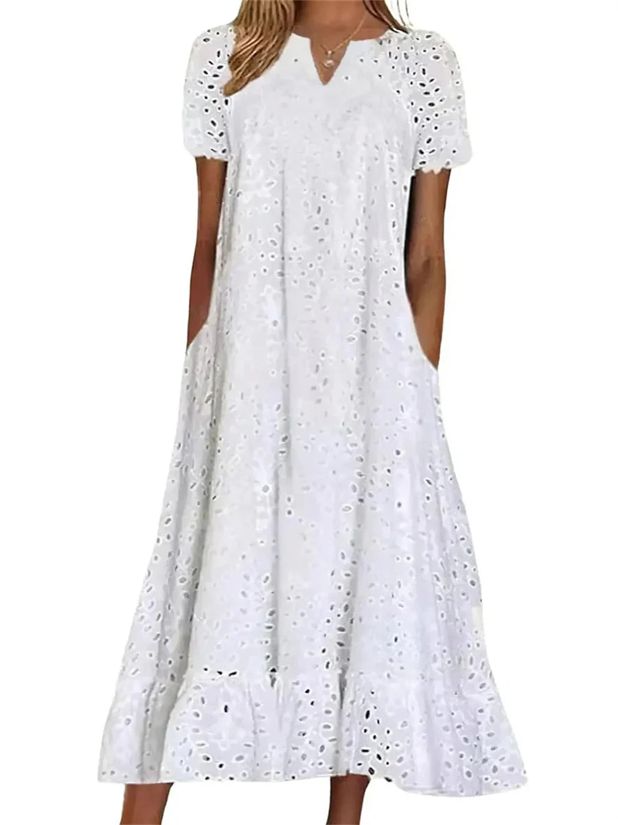 Eyelet Embroidered V-Neck Maxi Dress - White