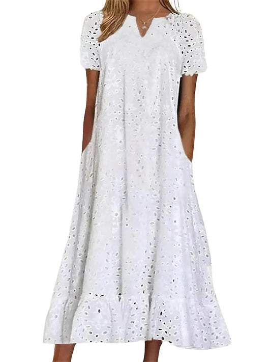 Eyelet Embroidered V-Neck Maxi Dress - White