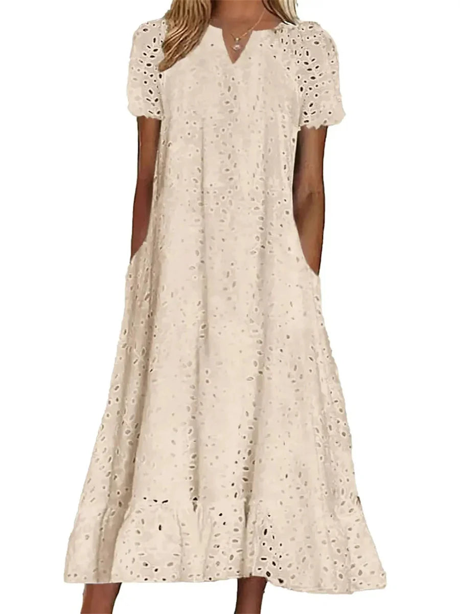 Eyelet Embroidered V-Neck Maxi Dress - Navy
