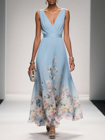Floral V-Neck Wedding Guest Midi Dress - Light Blue