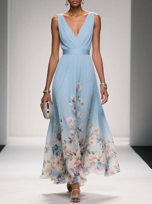 Floral V-Neck Wedding Guest Midi Dress - Light Blue