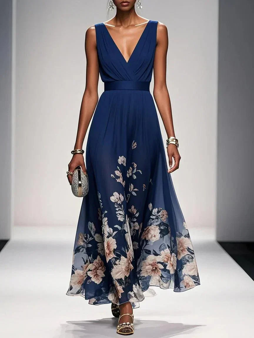 Floral V-Neck Wedding Guest Midi Dress - Navy Blue