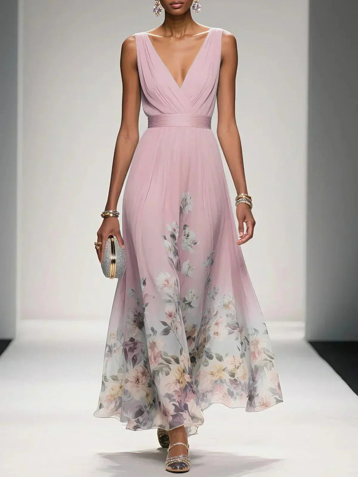 Floral V-Neck Wedding Guest Midi Dress - Pink