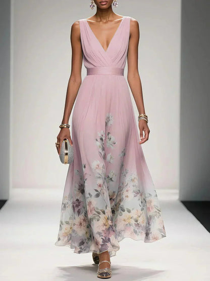 Floral V-Neck Wedding Guest Midi Dress - Pink