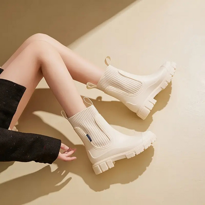 knit sock upper rain boots
