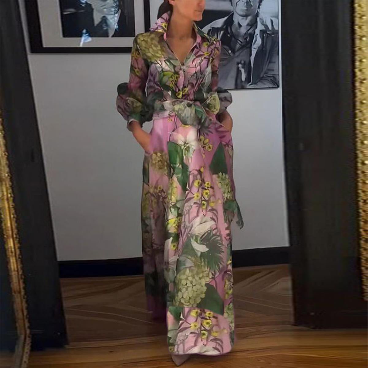 Long Sleeve Print A-Line Maxi Dress