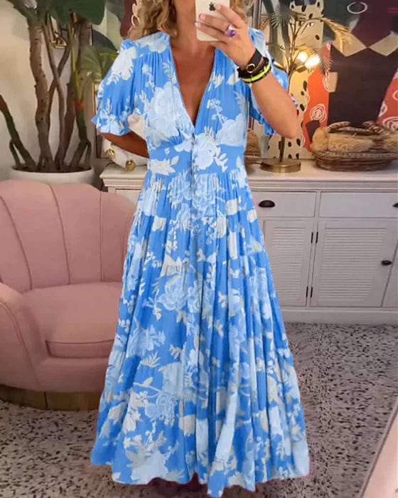 V-Neck Elastic Waist Summer Maxi Dress