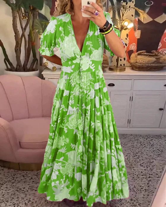 V-Neck Elastic Waist Summer Maxi Dress