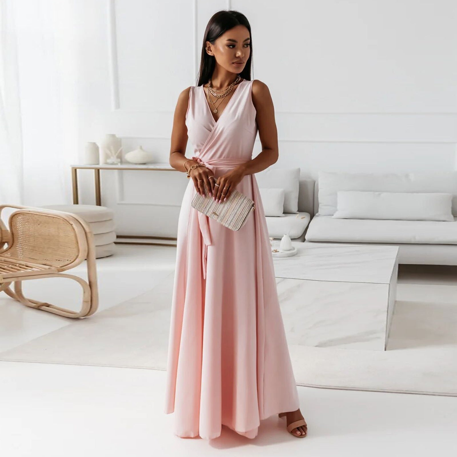 Sleeveless Wrap Maxi Dress - Pale Pink
