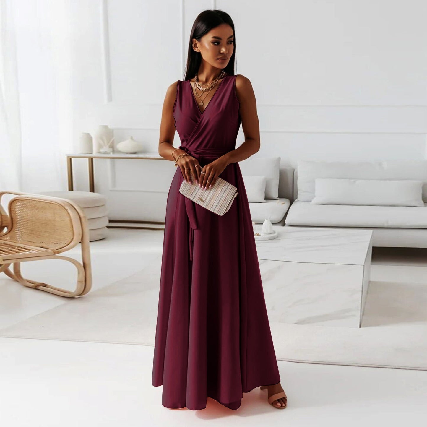 Sleeveless Wrap Maxi Dress - Burgundy