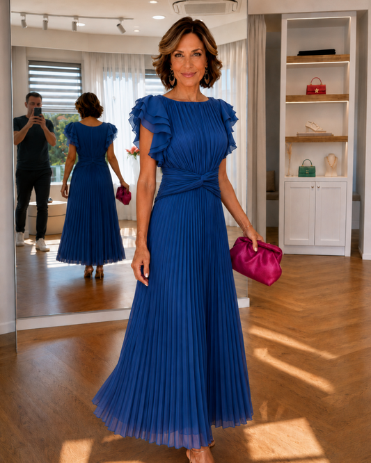 Pleated Wedding Guest Maxi Dress - Blue