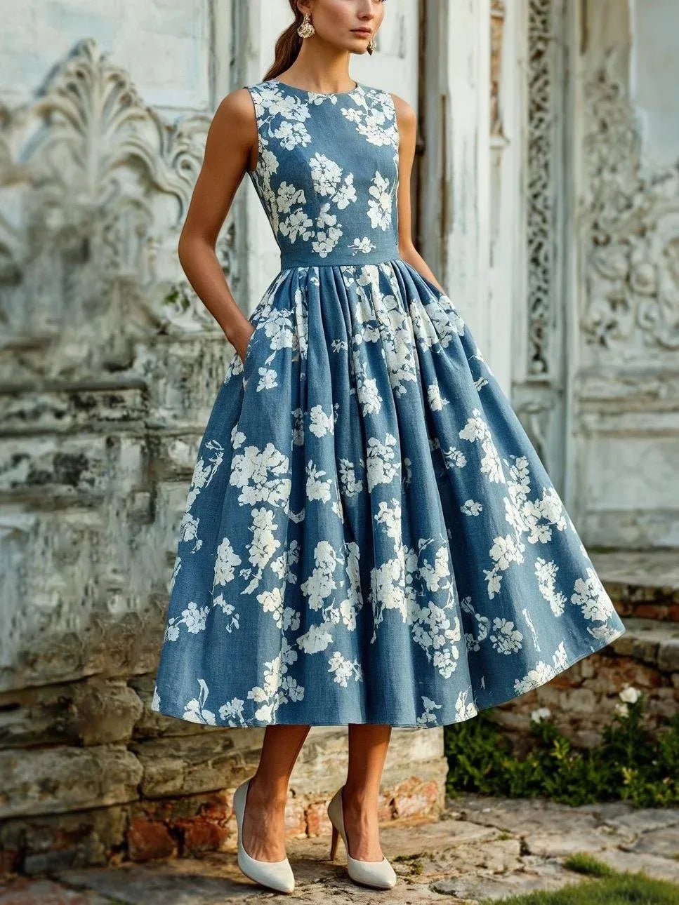 Off Shoulder Floral Midi Dress - Blue