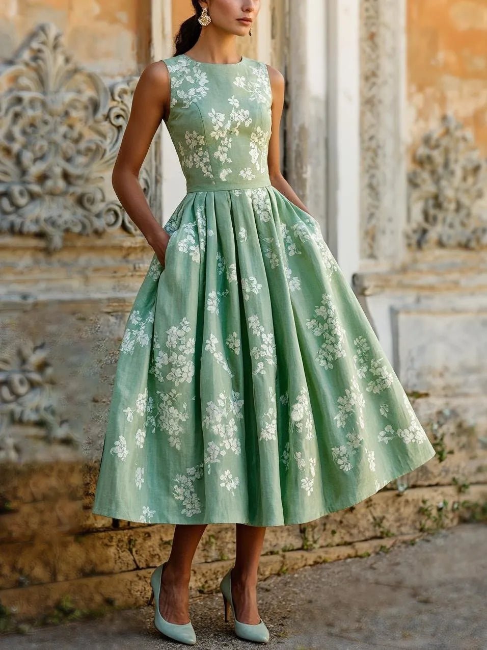 Off Shoulder Floral Midi Dress - Green