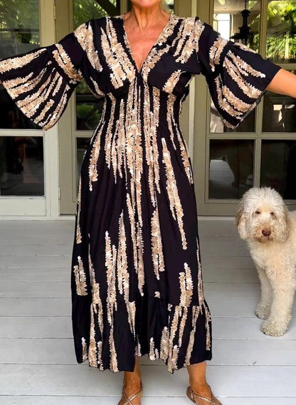 V-Neck Print A-Line Summer Maxi Dress