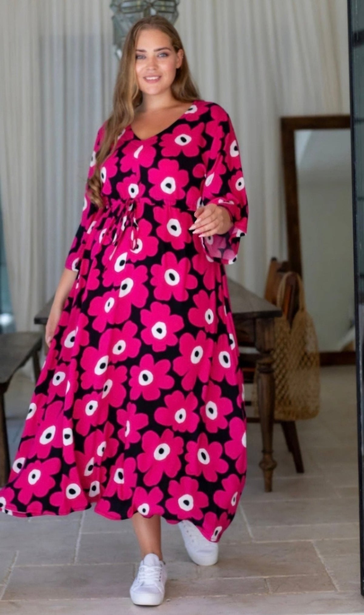 Floral V-Neck Drawstring Summer Maxi Dress