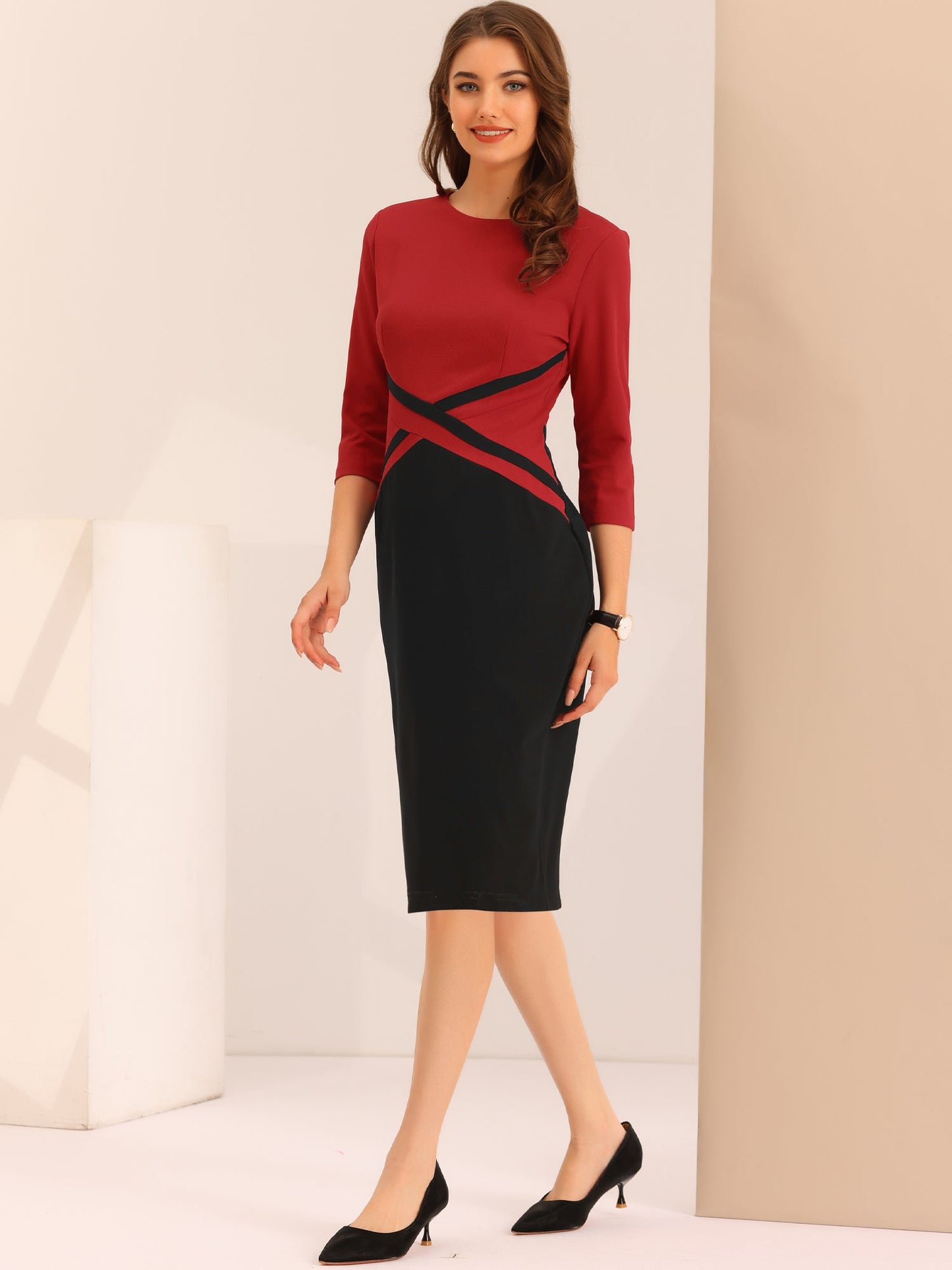 Contrast Colour Pencil Sheath Dress - Red