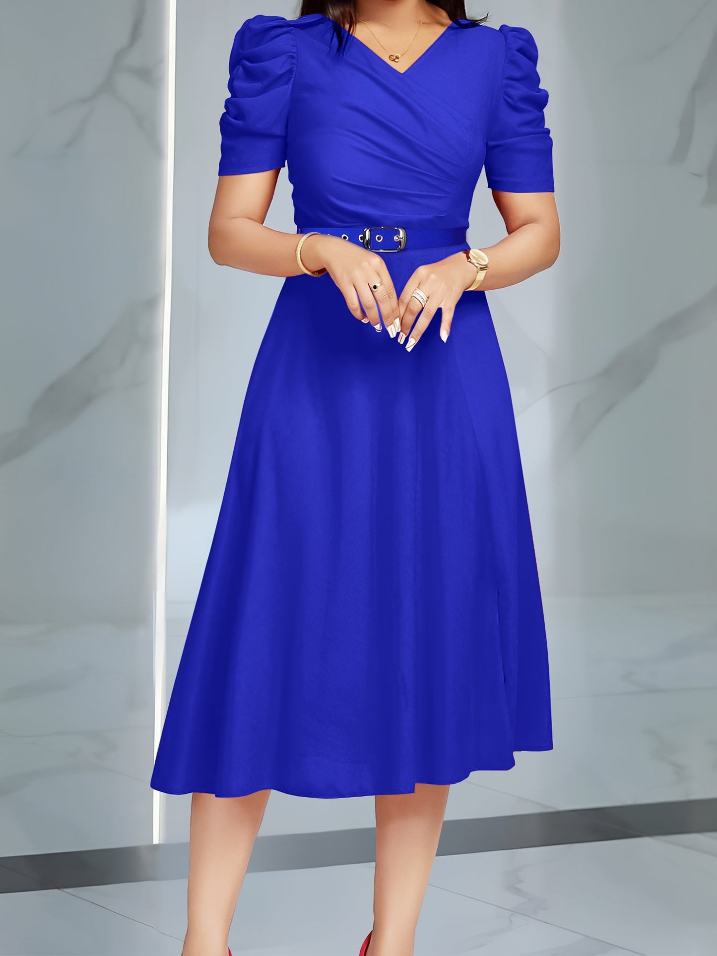 Puff Sleeve Ruched Belted Midi Dress - Blue