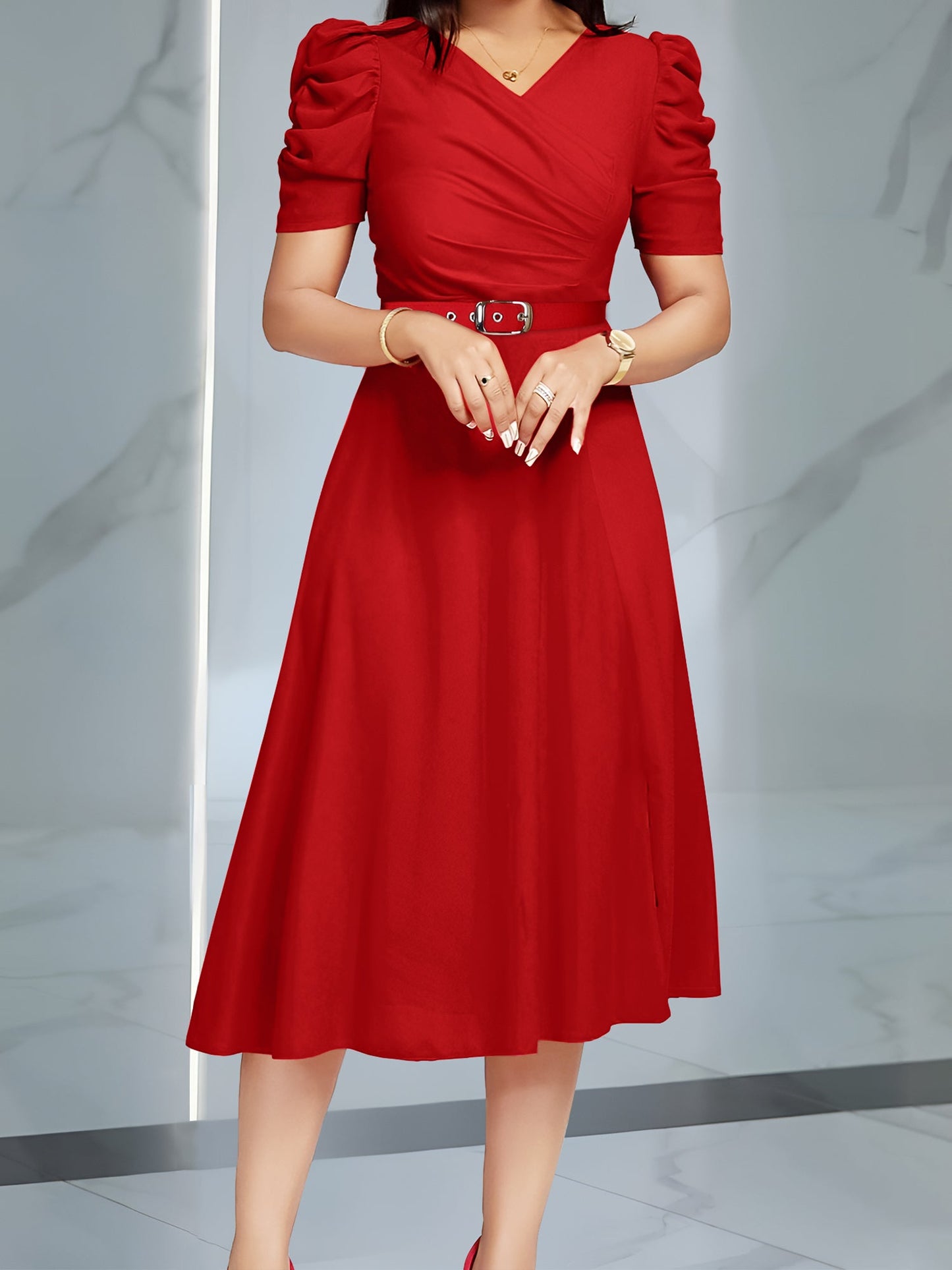 Puff Sleeve Ruched Belted Midi Dress - Red