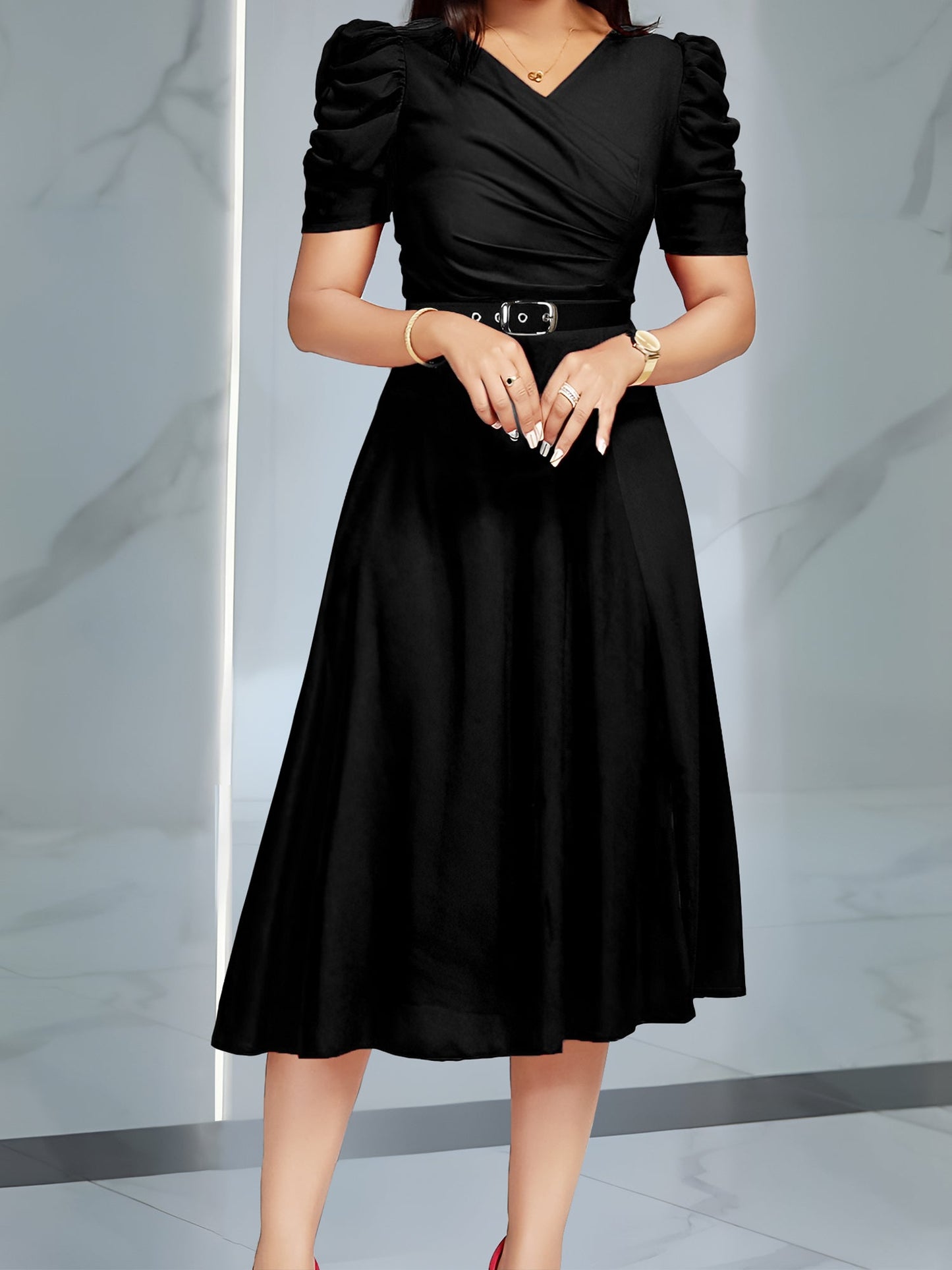 Puff Sleeve Ruched Belted Midi Dress - Black