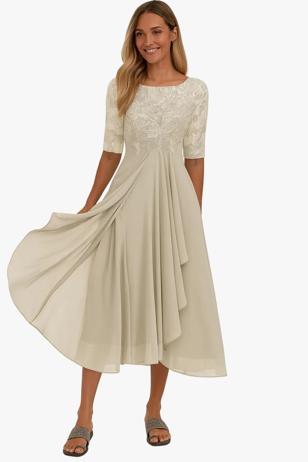 Lace Bodice Midi Dress with Sheer Sleeves - Yellow