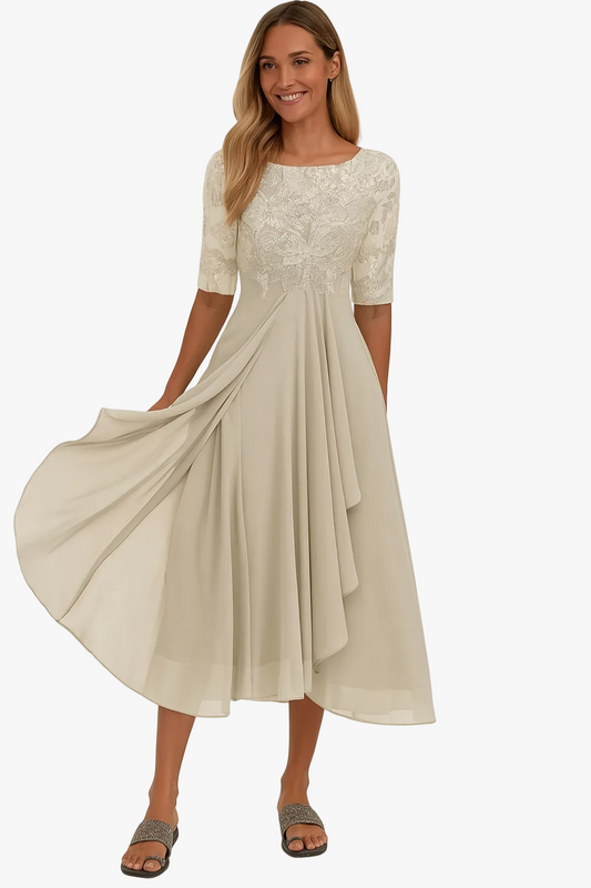 Lace Bodice Midi Dress with Sheer Sleeves - Yellow