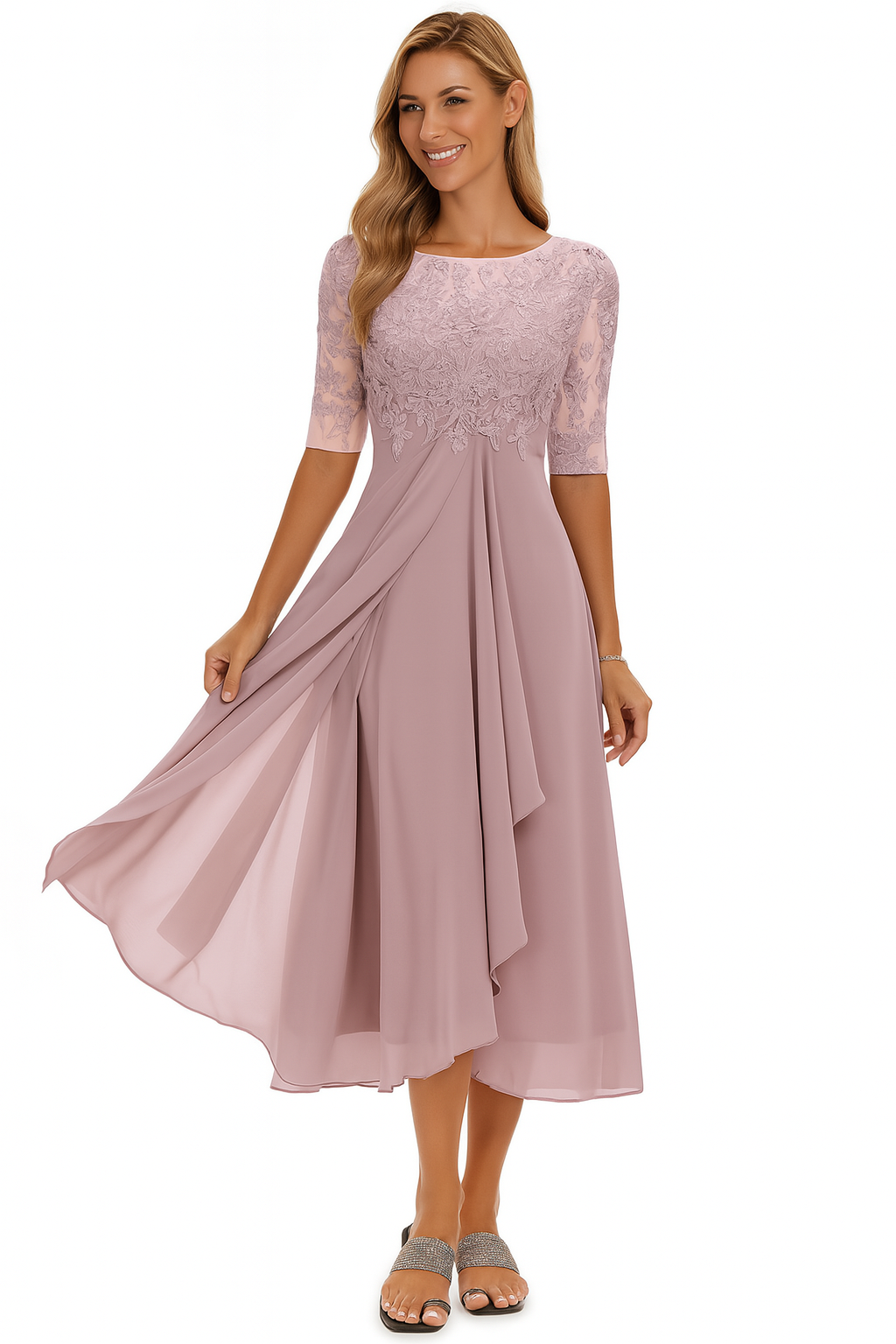 Lace Bodice Midi Dress with Sheer Sleeves - Pink