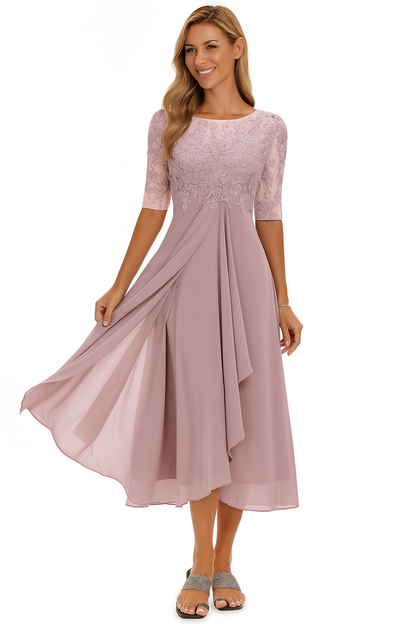 Lace Bodice Midi Dress with Sheer Sleeves - Pink