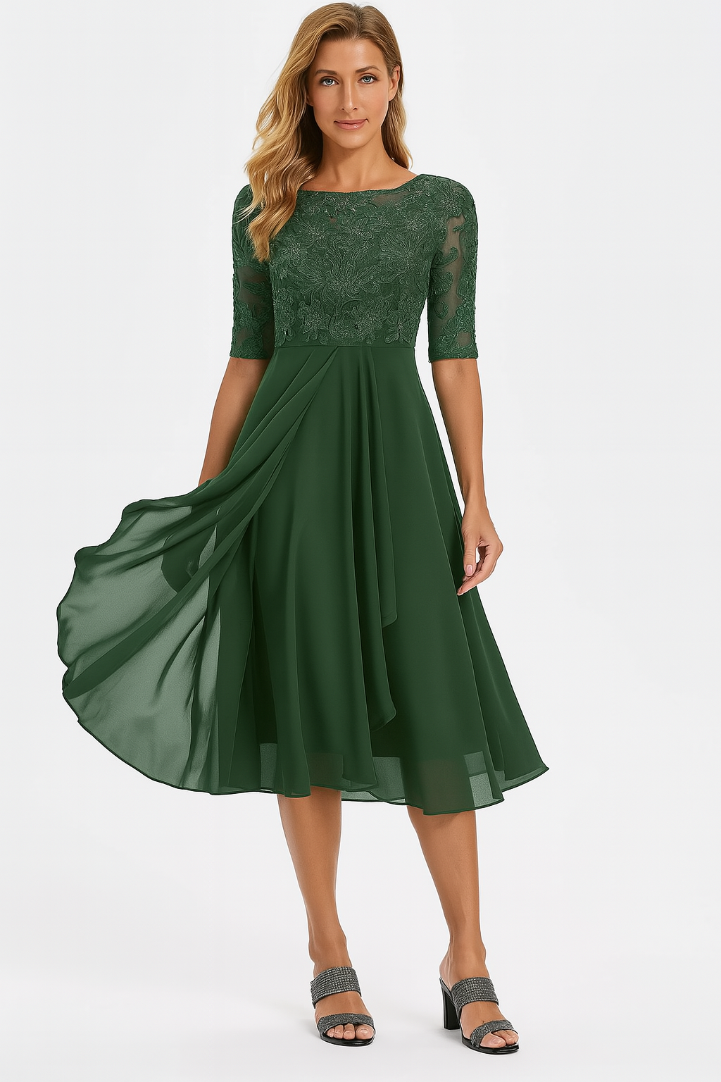 Lace Bodice Midi Dress with Sheer Sleeves - Green